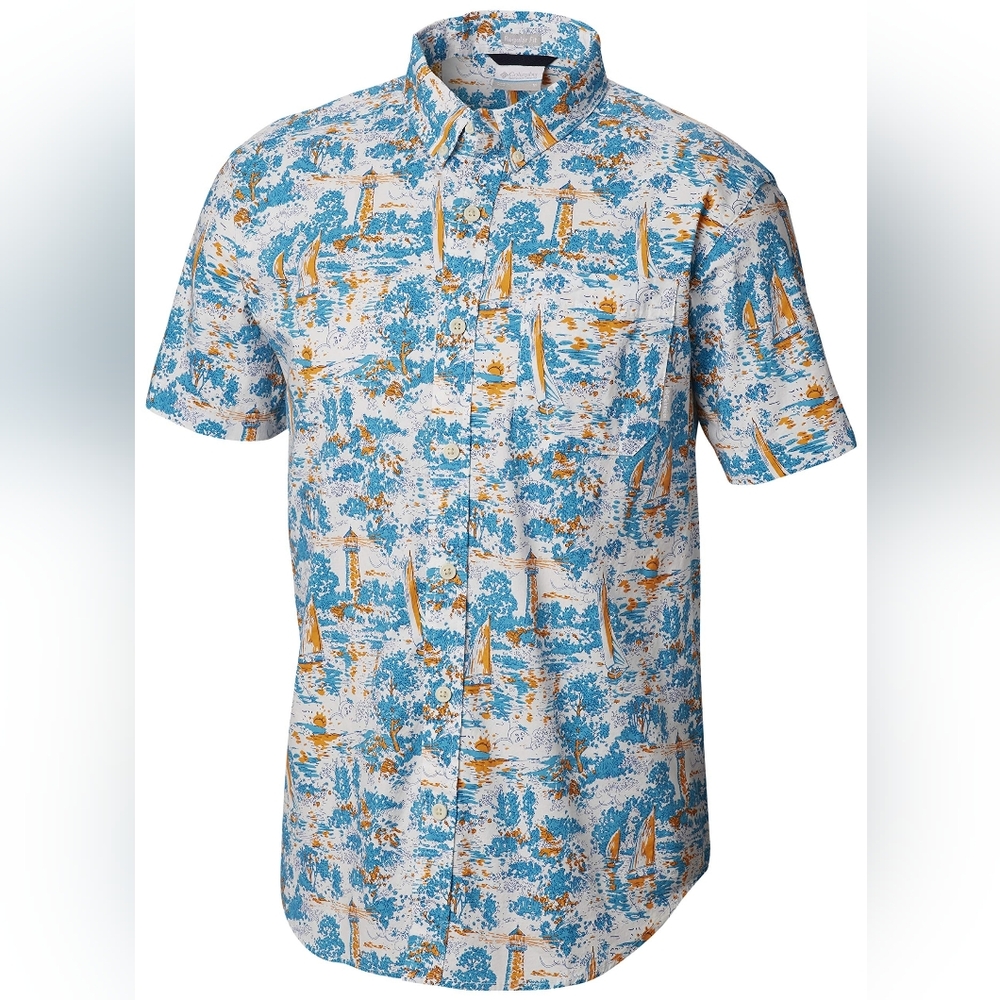 Men's Columbia Blue and Orange Patterned Shirt
